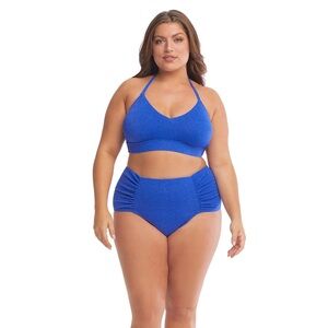 Time and Tru sparkly blue two piece swimsuit bikini halter top ruched bottom NWT